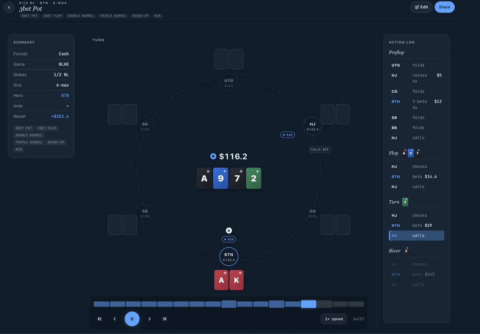 BeyondGTO My Hands — hand replayer with action log