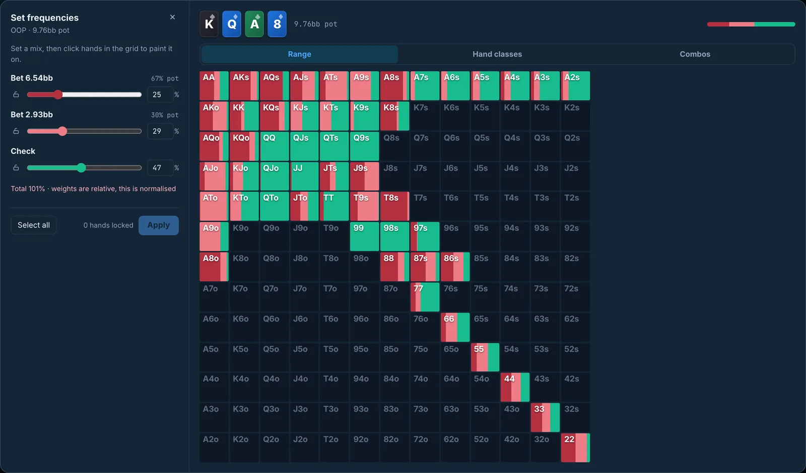 BeyondGTO node locking — painting per-action frequencies onto the range grid before re-solving