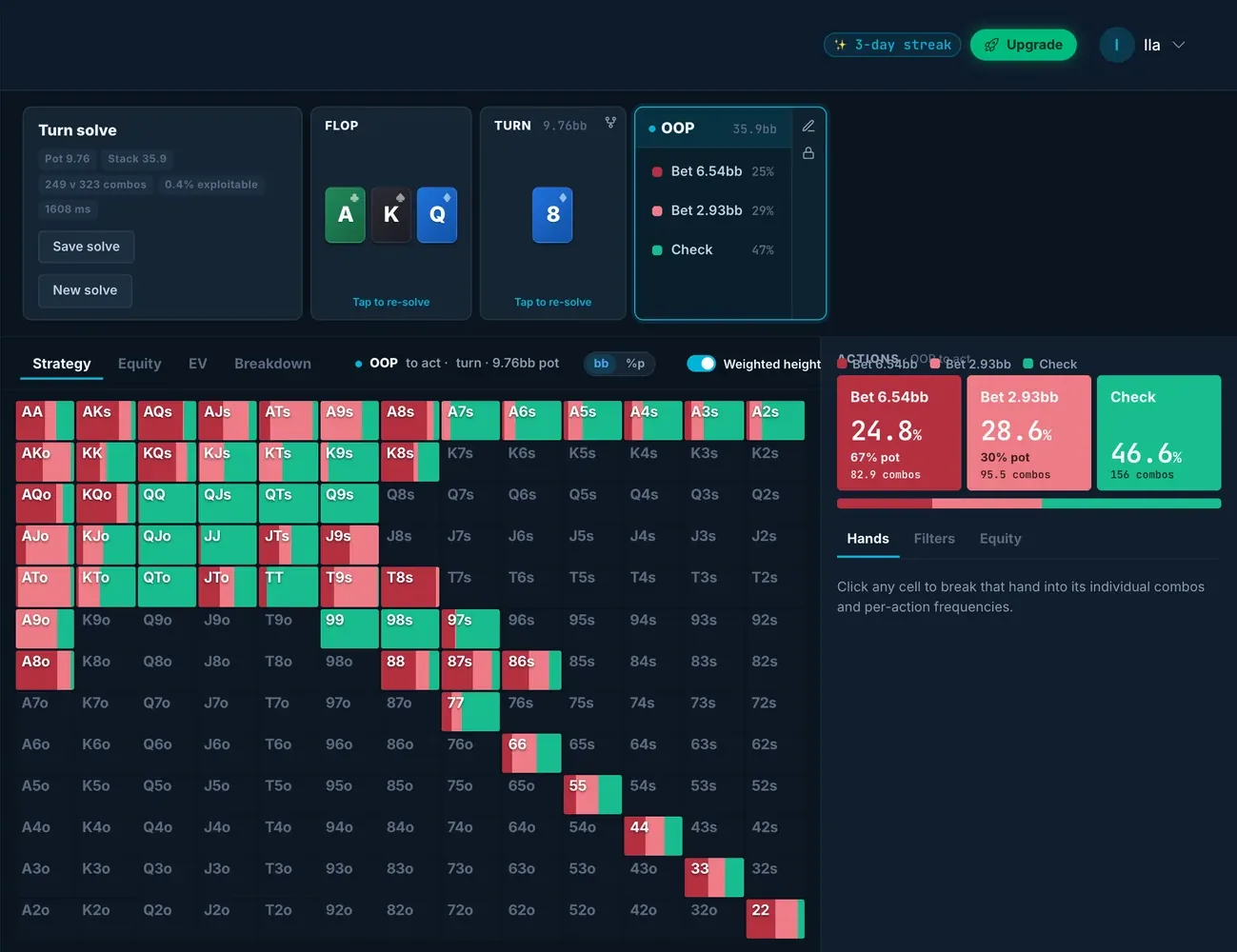 BeyondGTO On Demand Solver — a solved turn spot, with the breadcrumb of decisions above the strategy grid