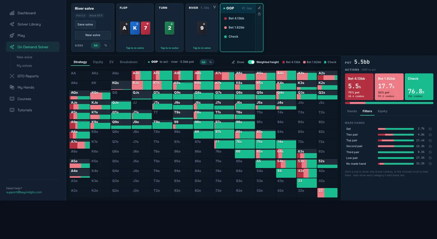 BeyondGTO node locking — open the padlock on the opponent's node, set the mix, lock every hand, apply, and the rest of the tree re-solves