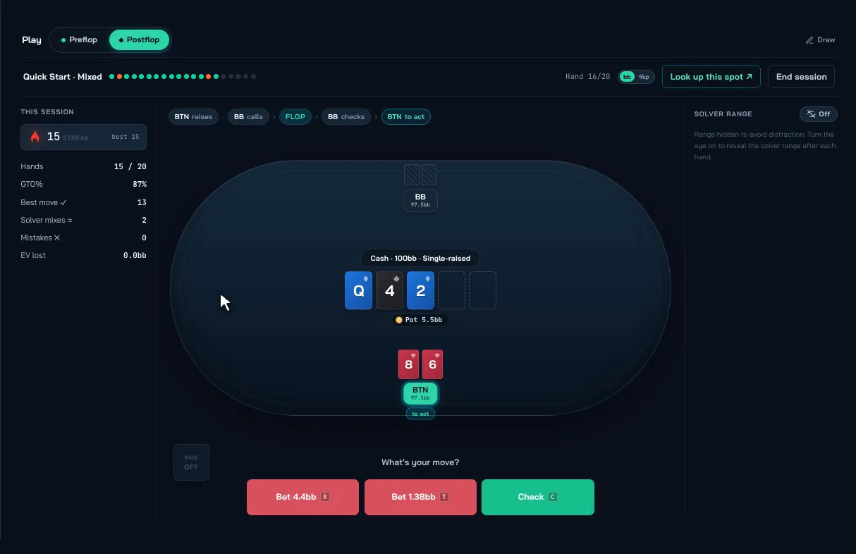 BeyondGTO drills — a quick postflop drill: the hand is dealt, you pick a size, the solver grades it on the spot