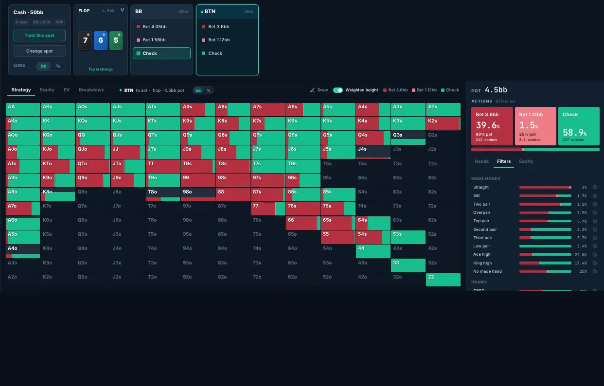 BeyondGTO solver library — postflop range explorer: hover a hand, open its combos, take an action and watch the tree respond